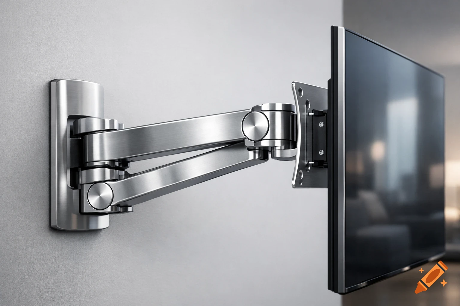 Photorealistic brushed metallic articulating TV wall mount holding a flat-screen television against a light wall.