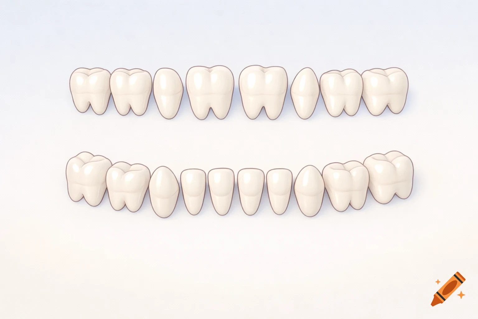 Illustration of 20 deciduous teeth (baby teeth) arranged in upper and lower arches, in a clean, educational, friendly style.