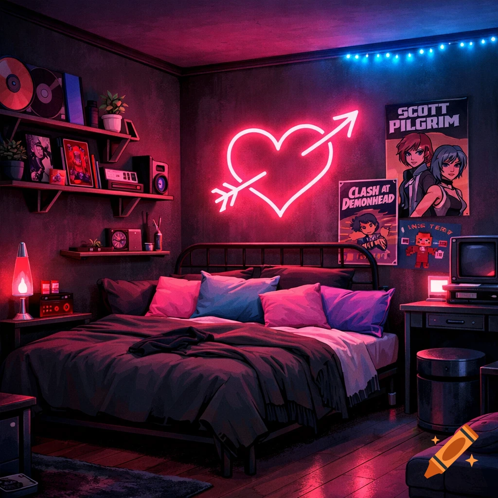 A Ramona Flowers-inspired bedroom with dark charcoal walls, neon pink and blue lighting, a bed with dark bedding and pastel pillows, a heart-shaped neon sign, shelves with records and plants, and Scott Pilgrim posters.