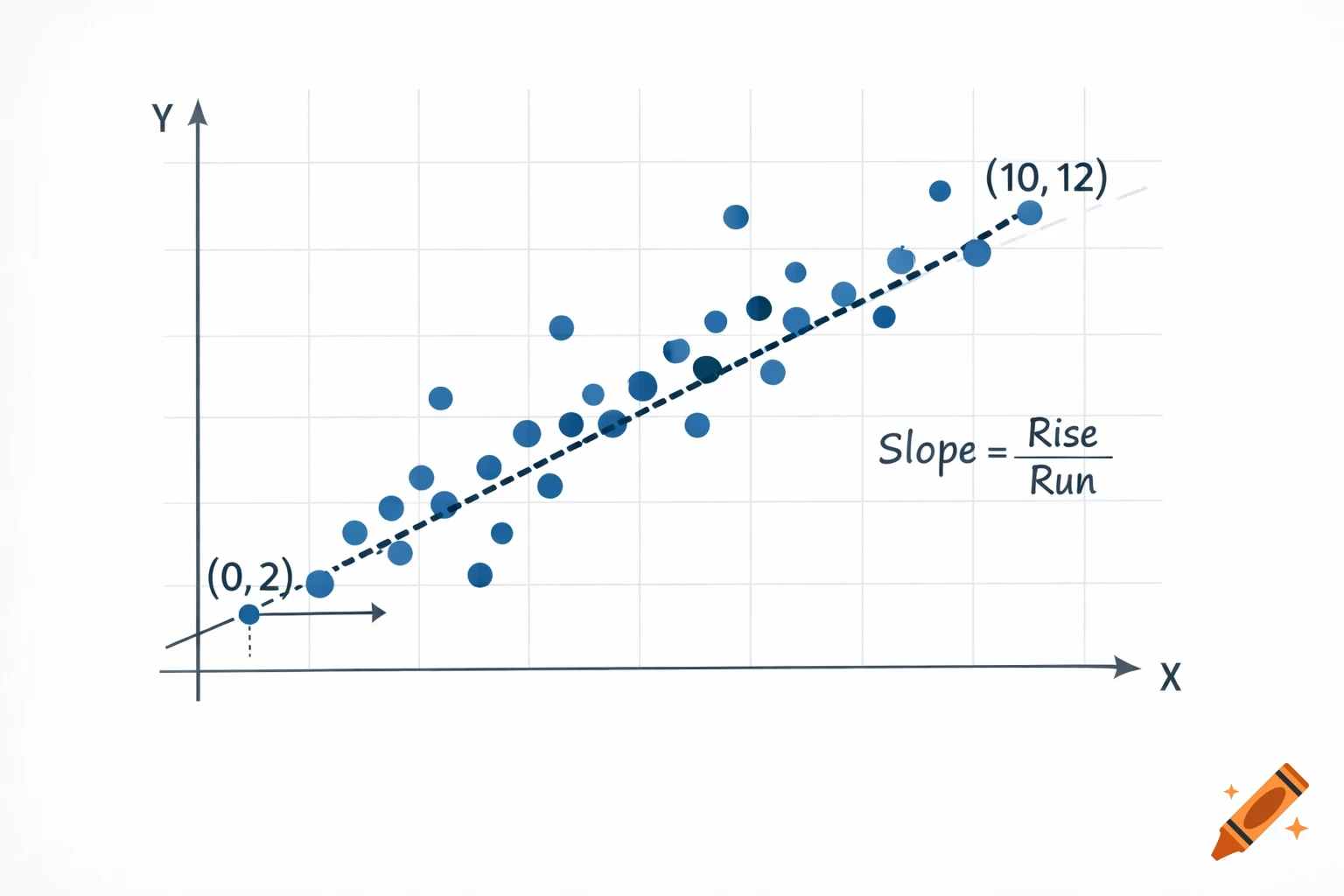 A scatter plot showing data points with a dashed line of best fit labeled with coordinates (0,2) and (10,12), and the formula 'Slope = Rise/Run'.