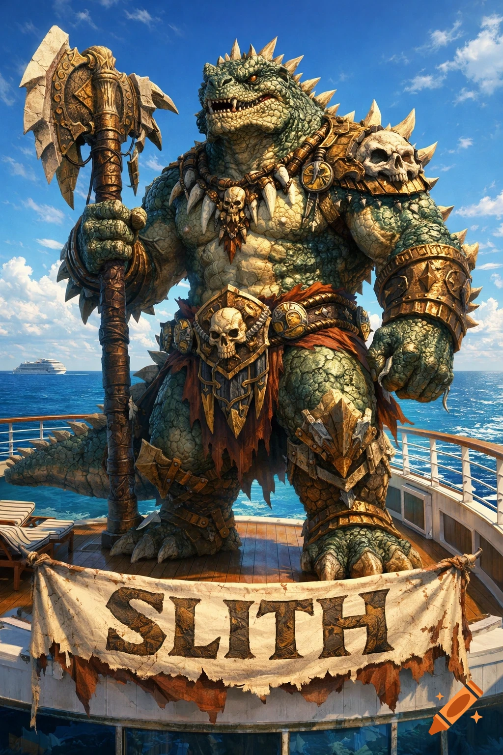 A massive, armored green lizardman holding an axe stands on a cruise ship deck under a clear sky, with a banner displaying 'SLITH'.