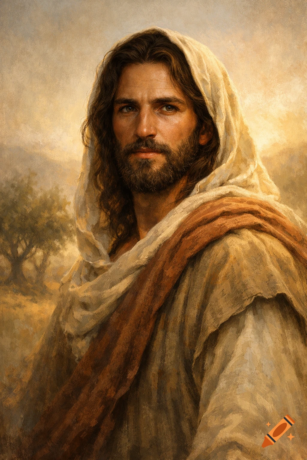 A painted portrait of Jesus with long brown hair, beard, and flowing robes, against a warm, muted landscape.