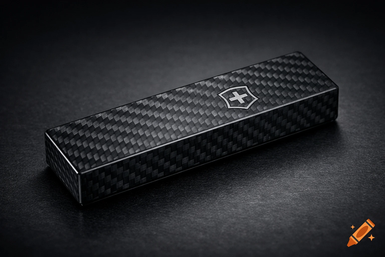 A sleek black carbon fiber rectangular block featuring a Victorinox logo (white cross in shield) on a dark surface.
