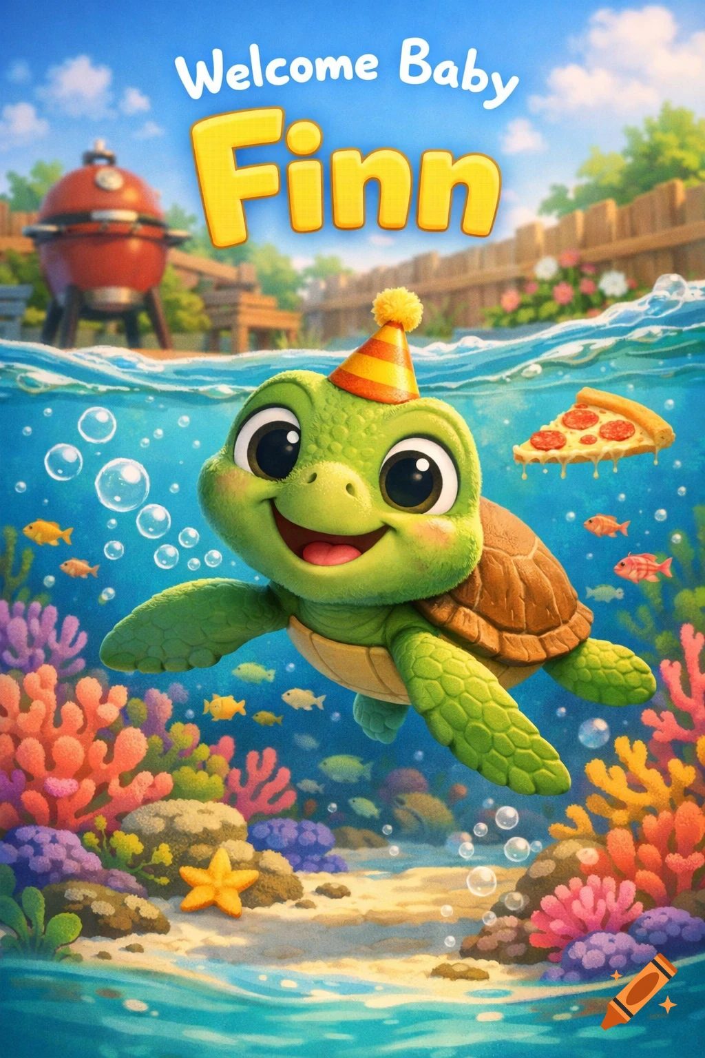 A cute cartoon turtle in a party hat swims underwater, with 'Welcome Baby Finn' text above and a backyard BBQ.