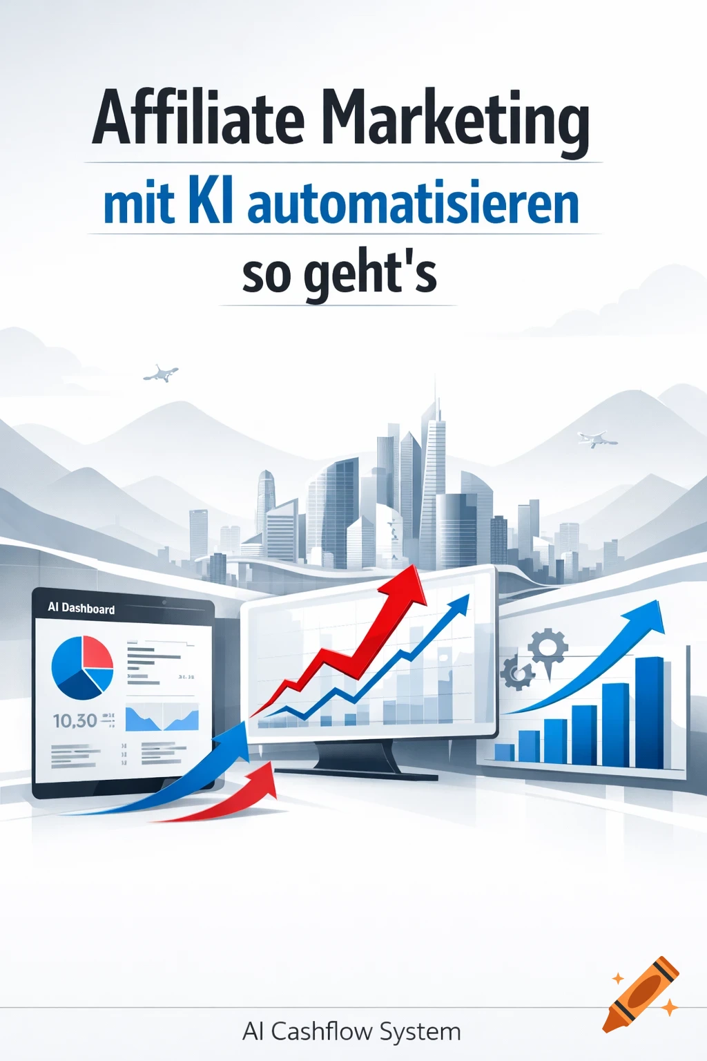 An illustration with the headline 'Affiliate Marketing mit KI automatisieren so geht's' above a cityscape. Below, a tablet and monitor display business dashboards with charts and upward-trending arrows. Text at the bottom reads 'AI Cashflow System'.