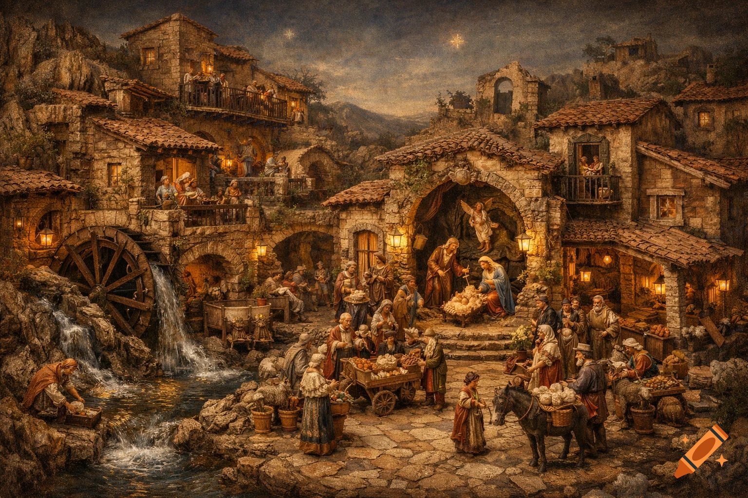 Detailed traditional Nativity scene in an old European-style village with stone buildings, watermill, river, market, and many figures.