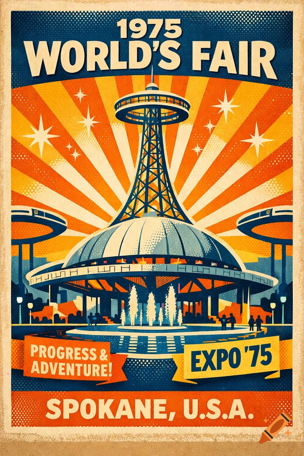 Retro poster for the 1975 World's Fair in Spokane, USA, featuring a Space Needle-like tower, futuristic buildings, and fountains.