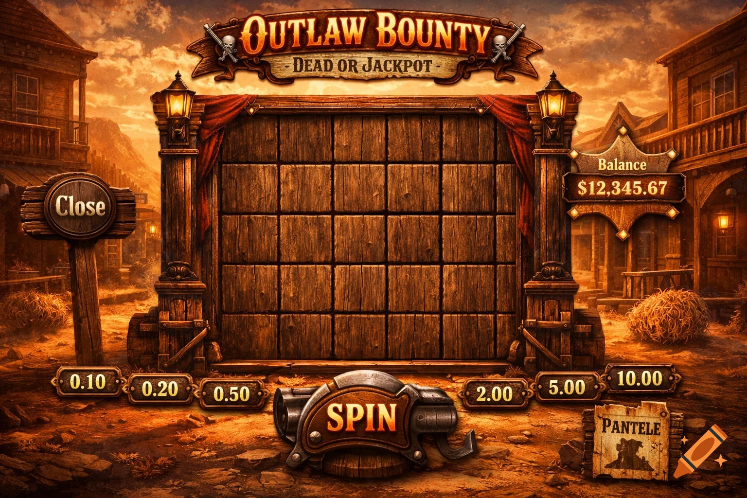 A Wild West-themed online slot machine game interface with a 5x5 wooden grid, 'Outlaw Bounty' title, 'Spin' button, and various betting options, set against a dusty Western town background.