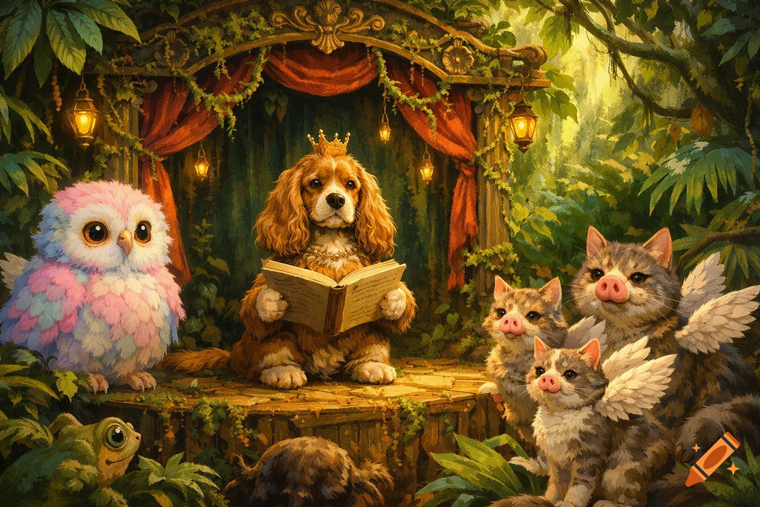 A whimsical jungle scene with a crowned cocker spaniel reading a book to a cotton candy owl and winged pig-nosed cats.