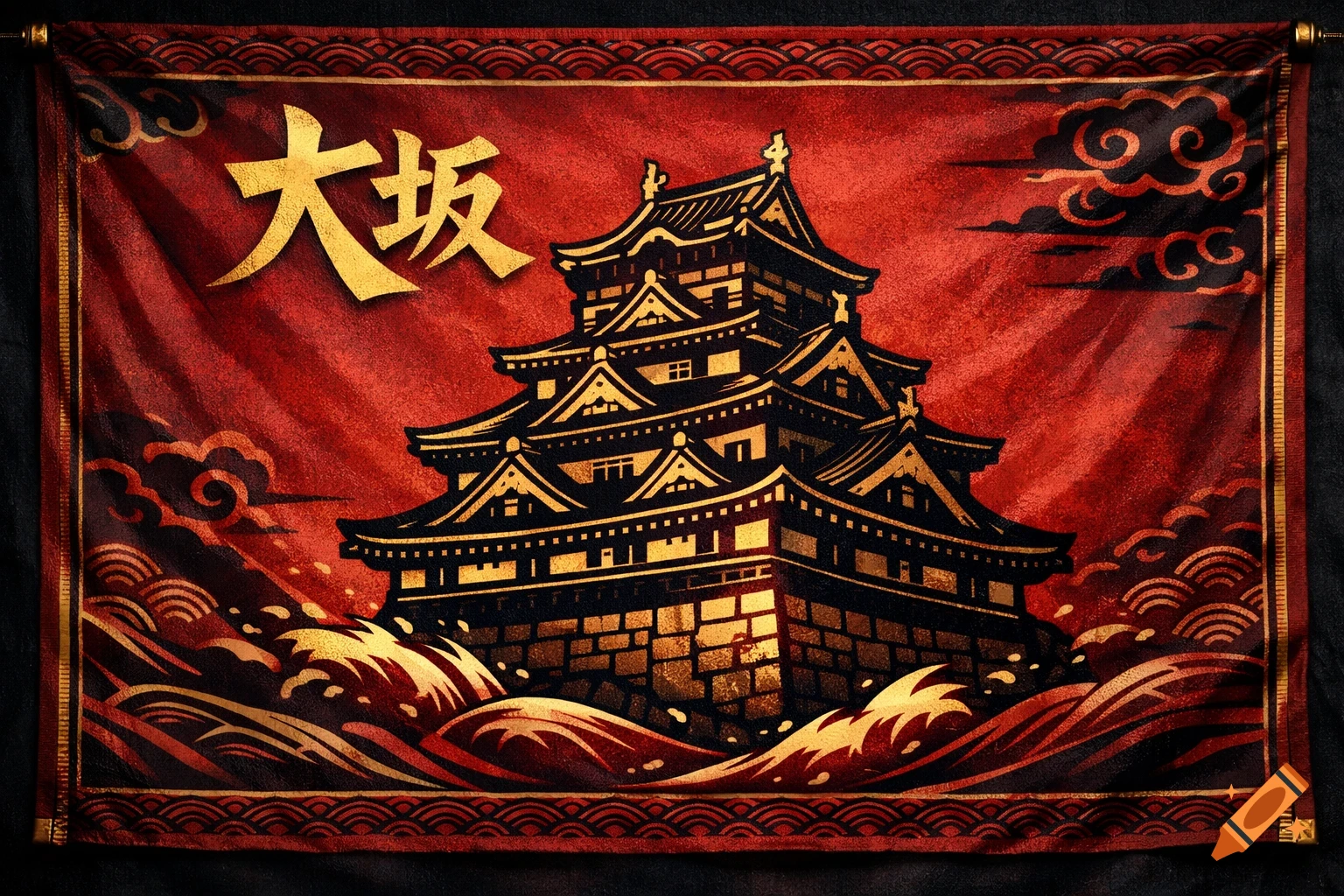 Stylized red and gold Japanese flag featuring a black castle, ocean waves, and large gold Japanese characters.