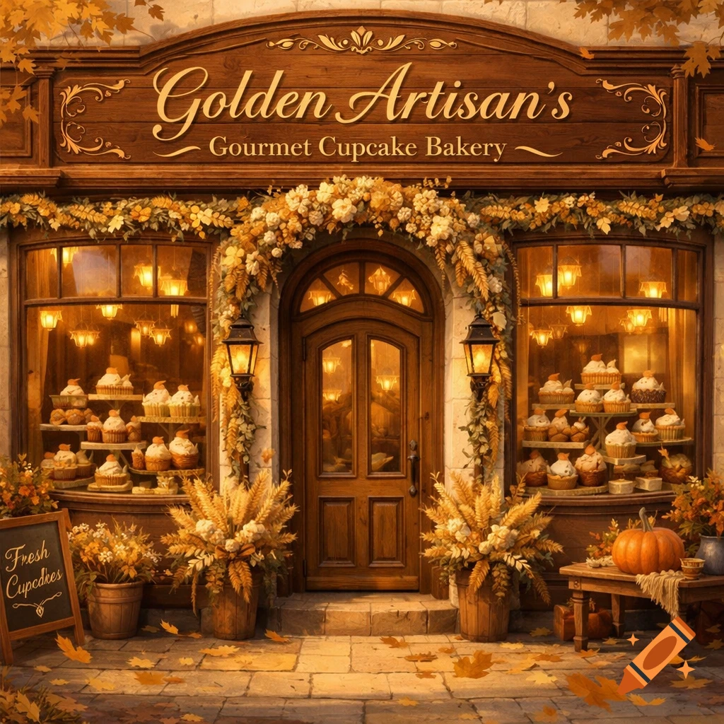 Charming bakery facade with 'Golden Artisan's Gourmet Cupcake Bakery' sign, autumn decor, warm lights, and cupcakes in windows, with scattered leaves.