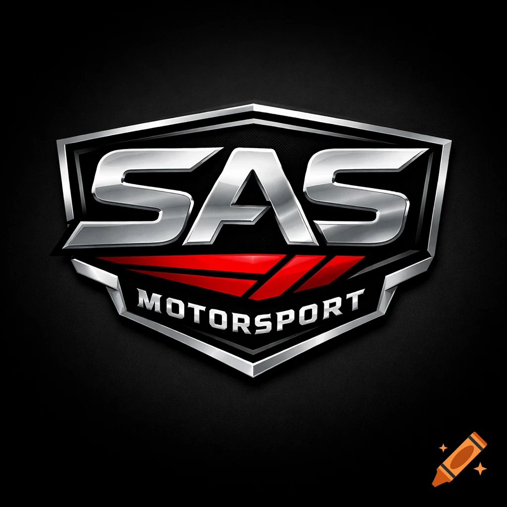 A chrome and red geometric logo with 'SAS' at the top and 'MOTORSPORT' at the bottom on a black background.