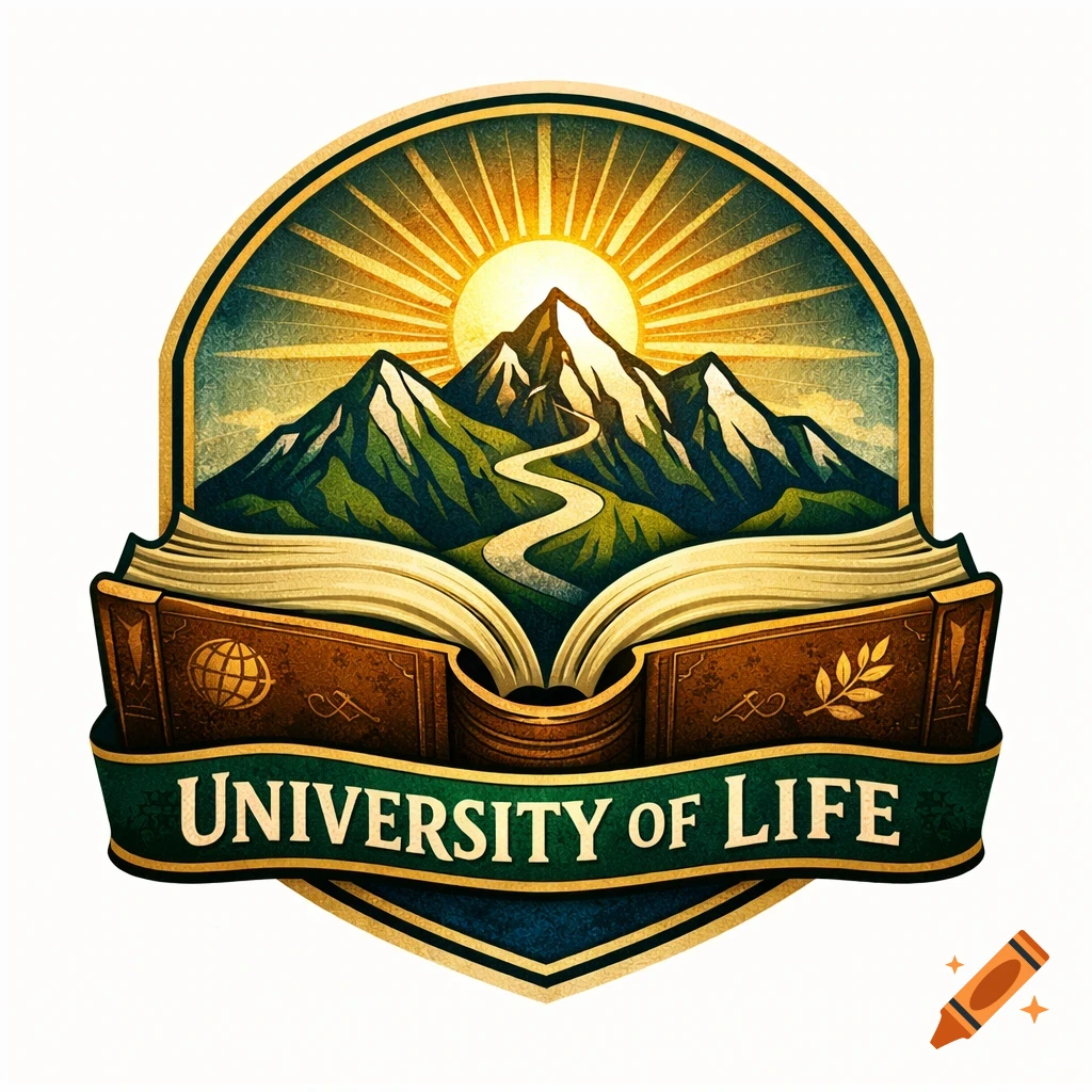 A vibrant logo featuring a sunrise over snow-capped mountains and an open book, with a banner reading 'UNIVERSITY OF LIFE'.