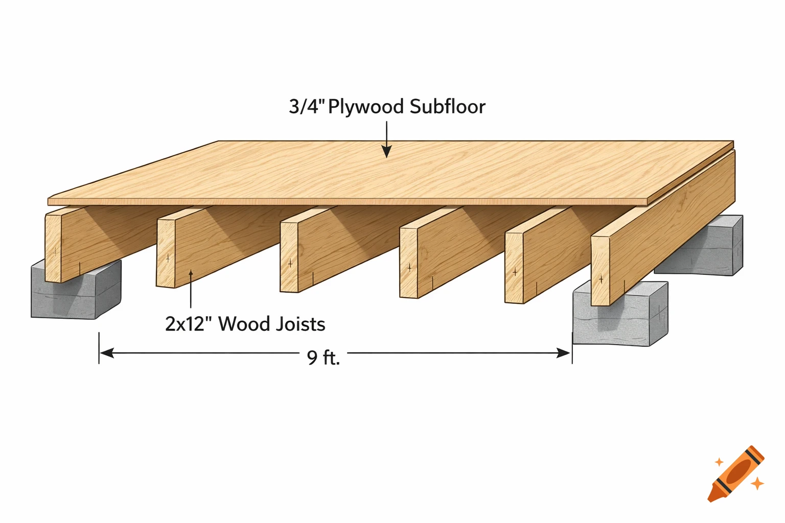 Diagram showing floor construction with 3/4 inch plywood subfloor on 2x12 wood joists, spanning 9 feet, resting on concrete blocks.