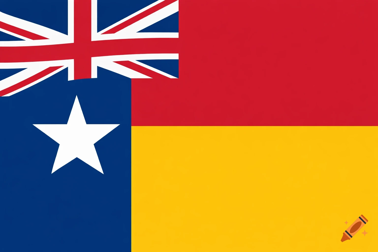 A stylized flag featuring the Union Jack in the upper left corner, a white star on a blue field to its lower left, and horizontal red and yellow stripes on the right.