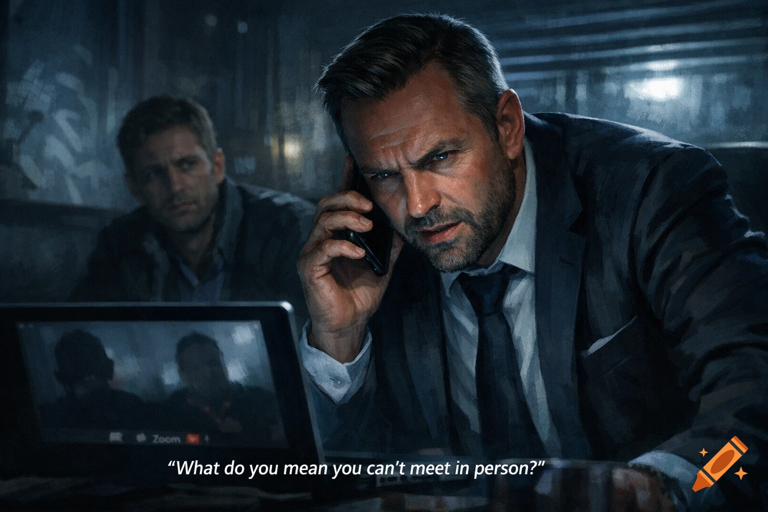 An intense man in a suit talks on a phone while looking at a laptop with a video call, another man sits blurred in the background, in a dark, stylized illustration.