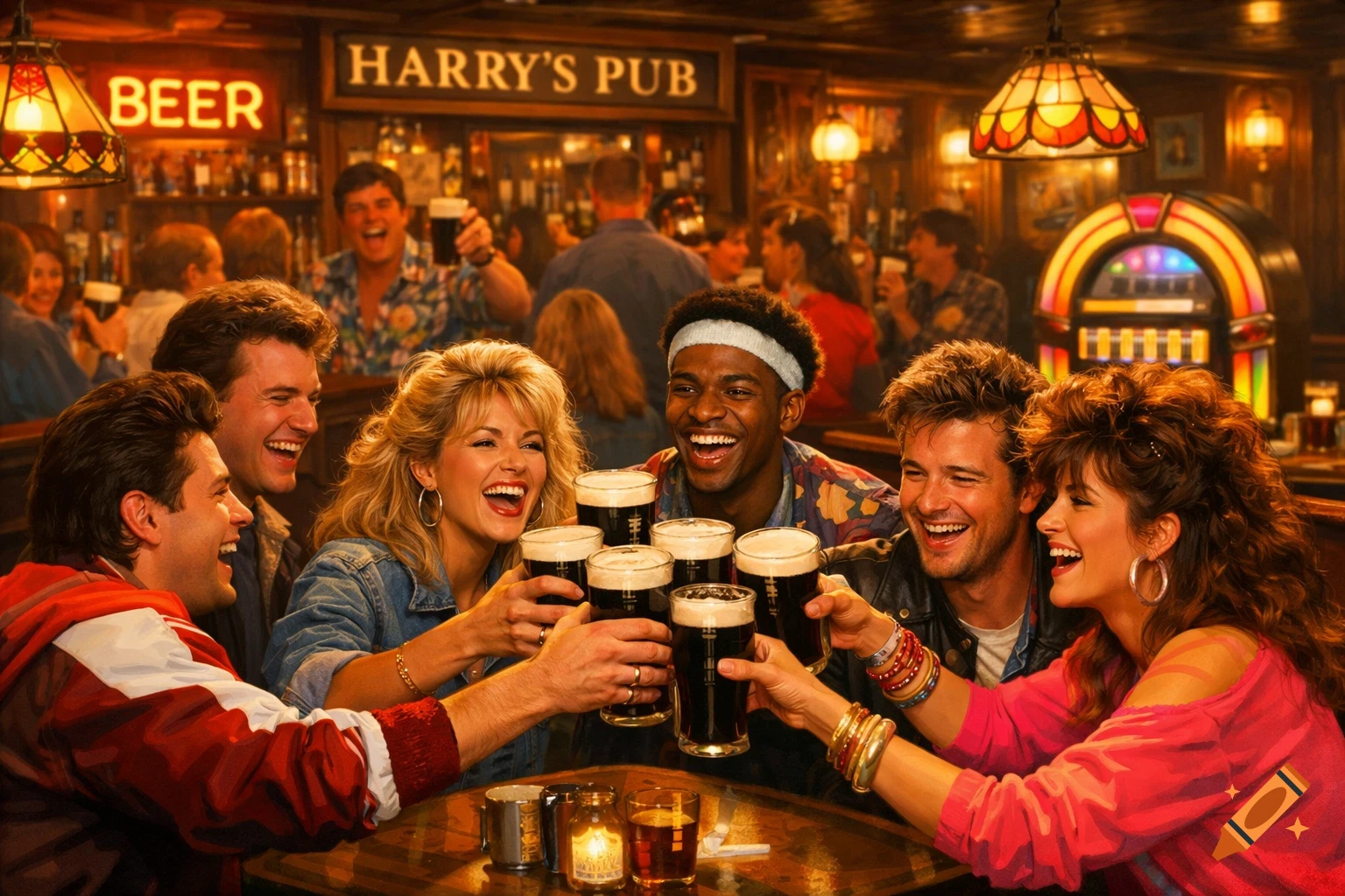 Happy friends in 80s fashion toast beers in a lively Harry's Pub with a jukebox in the background.