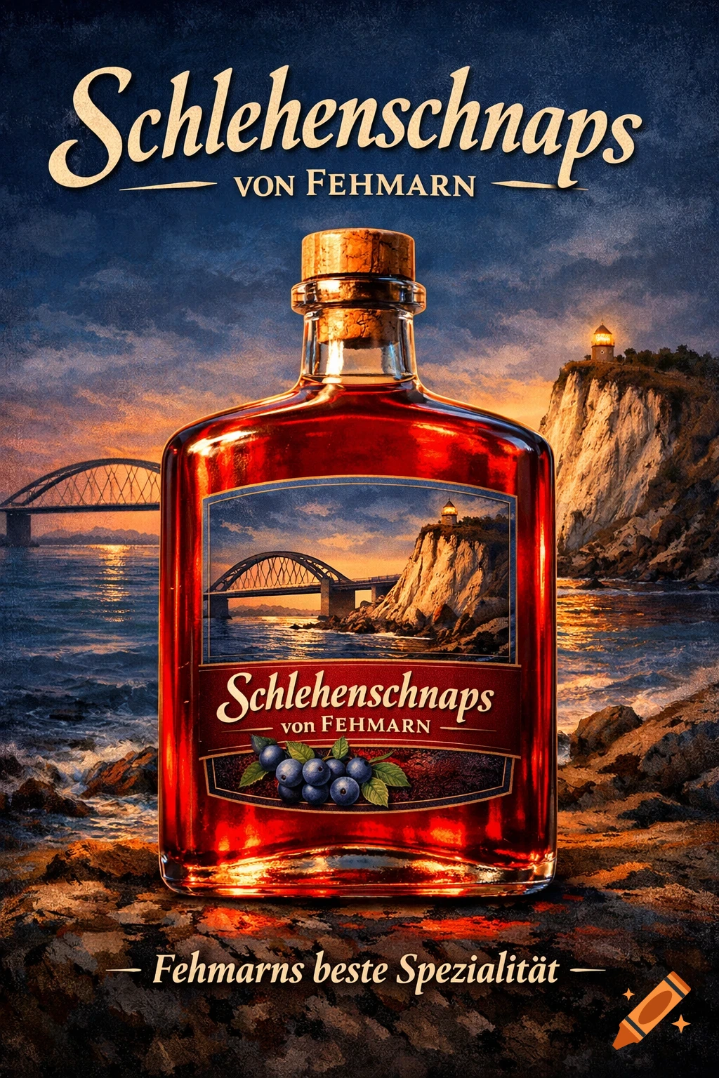 A bottle of red Schlehenschnaps from Fehmarn, with a label depicting a coastal landscape, bridge, and lighthouse, against a similar background. Realistic style.