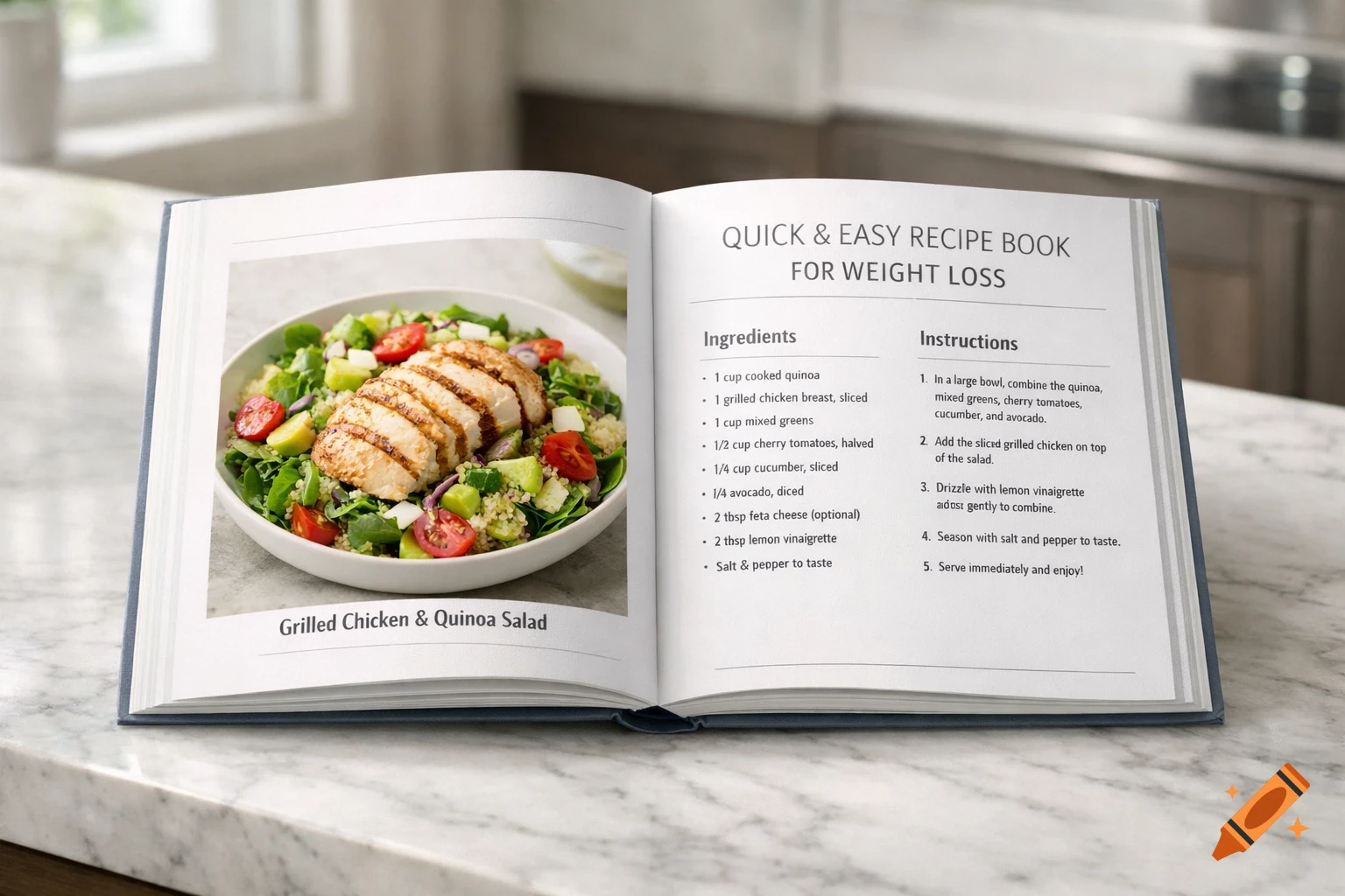 An open recipe book showing a grilled chicken and quinoa salad with ingredients and instructions on a marble countertop.