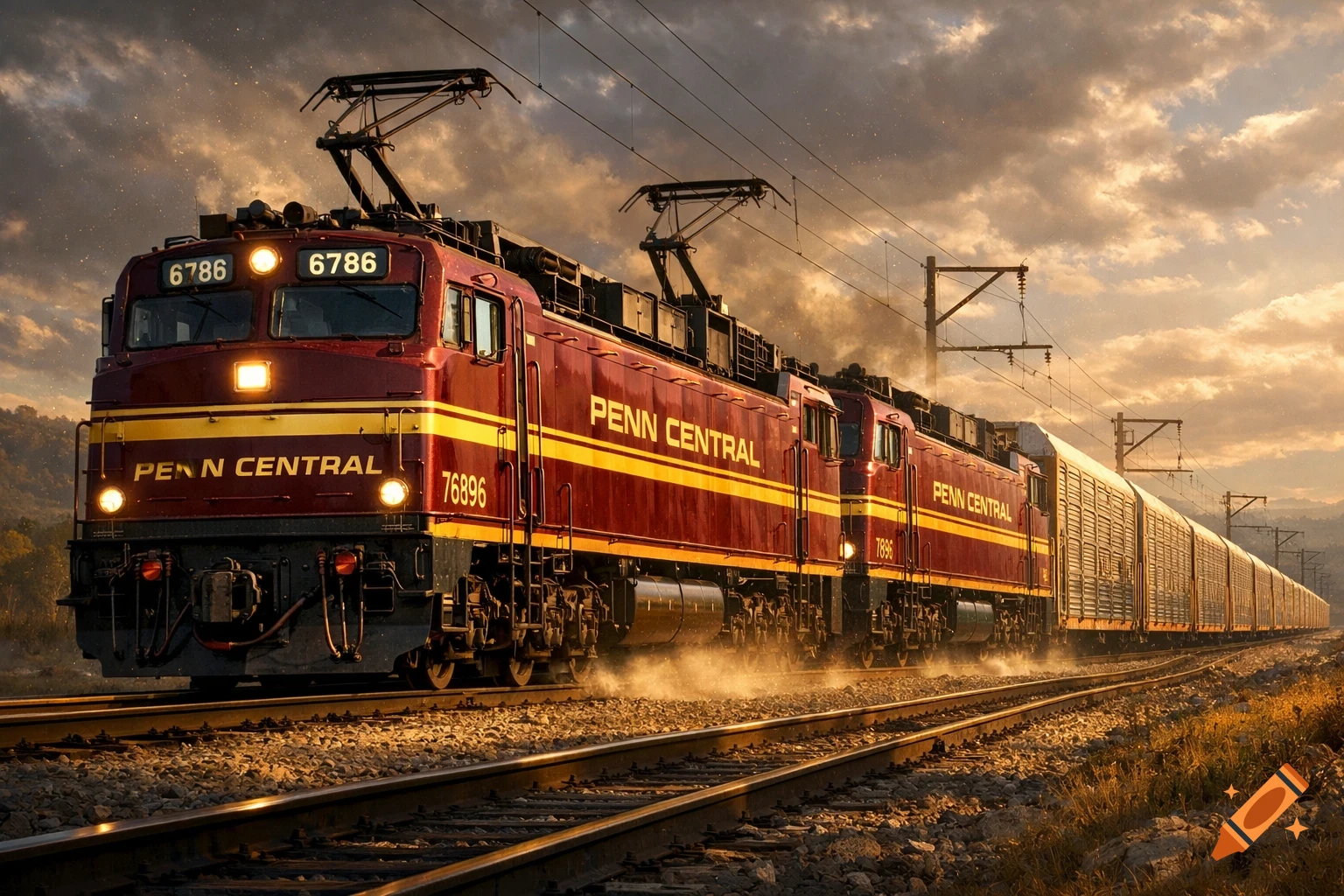 A maroon and gold Penn Central electric locomotive with number 6786 leads a long freight train down tracks at sunset, with a dramatic cloudy sky.