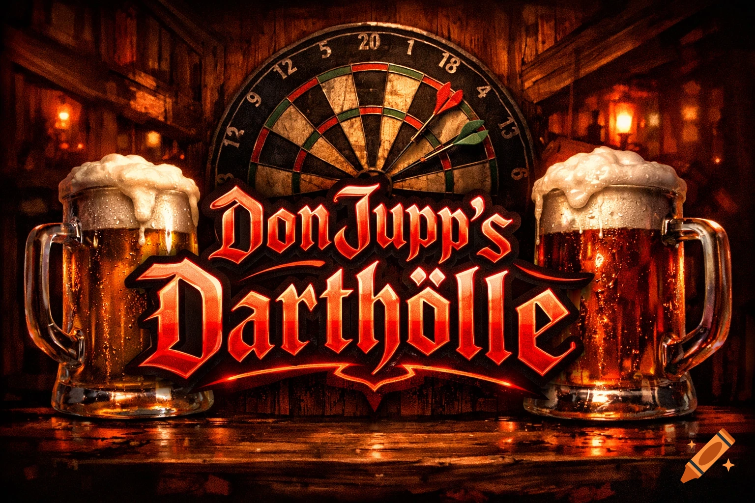 Two frothy beer mugs frame a dartboard in a rustic bar, with 'Don Jupp's Darthölle' text.
