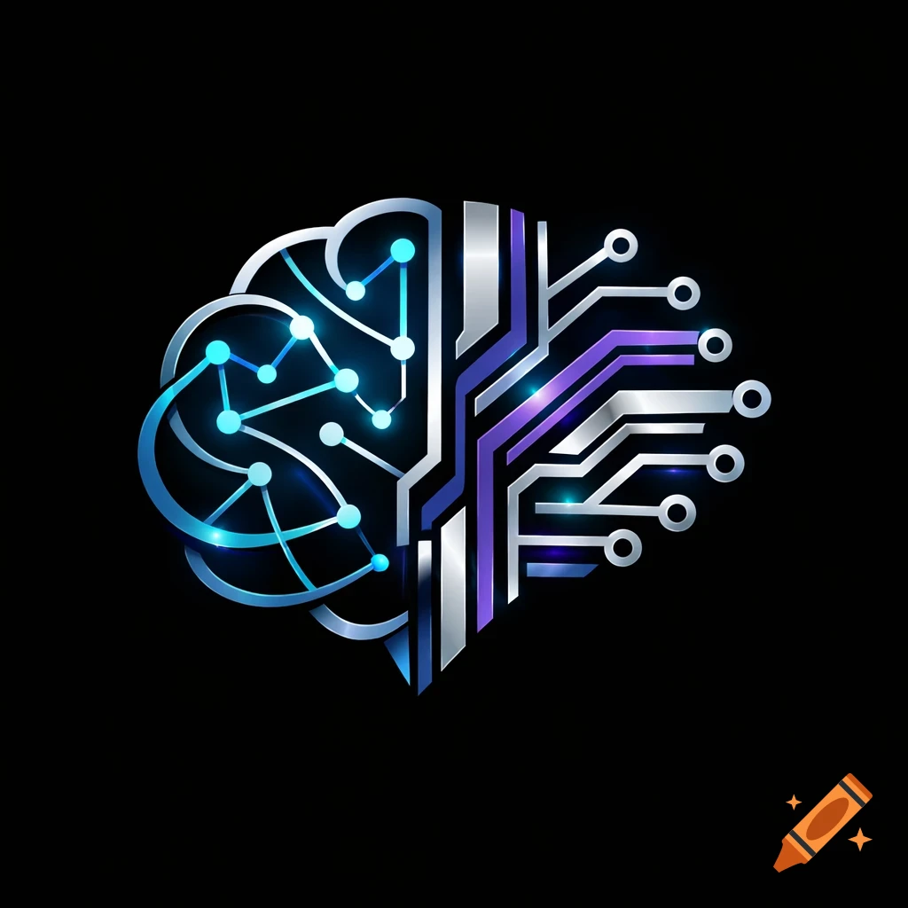 Stylized logo of a brain, half neural network with blue nodes, half circuit board with purple and silver metallic traces on black.