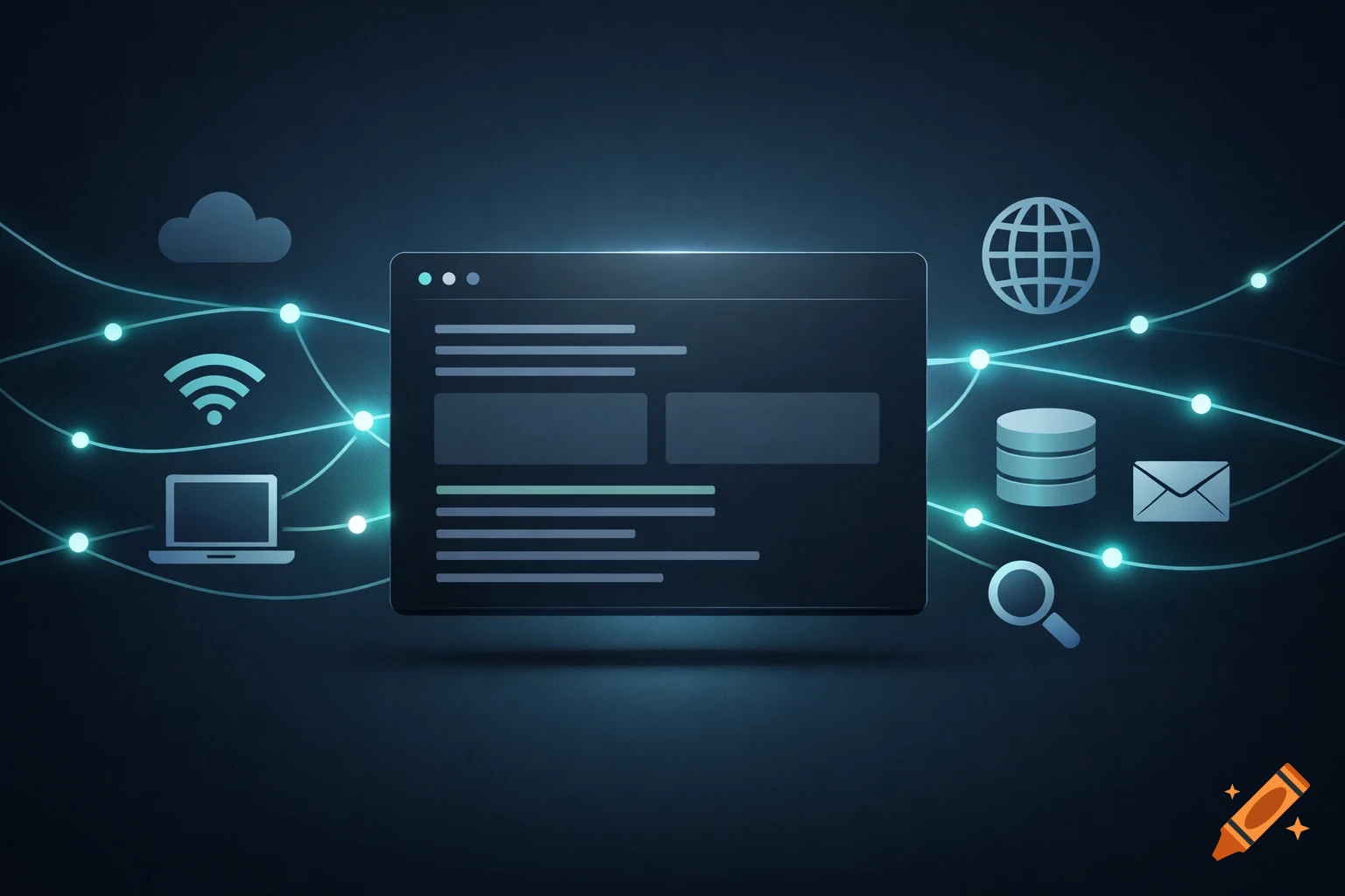 Conceptual illustration of digital analysis, featuring a dark UI panel, network nodes, and tech icons like cloud, Wi-Fi, database, and globe.