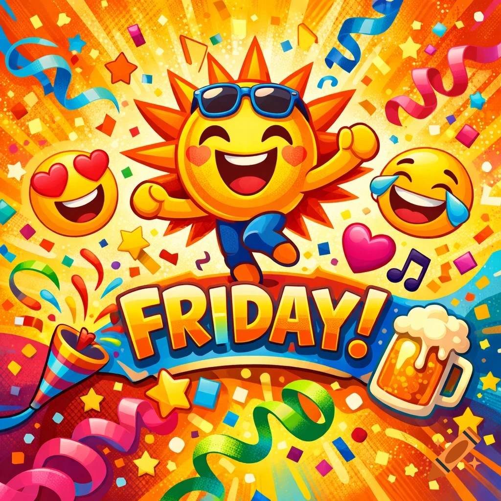 A vibrant cartoon illustration of a dancing sun in sunglasses, surrounded by confetti, emojis, a party popper, and a beer mug, with 'FRIDAY!' written below.