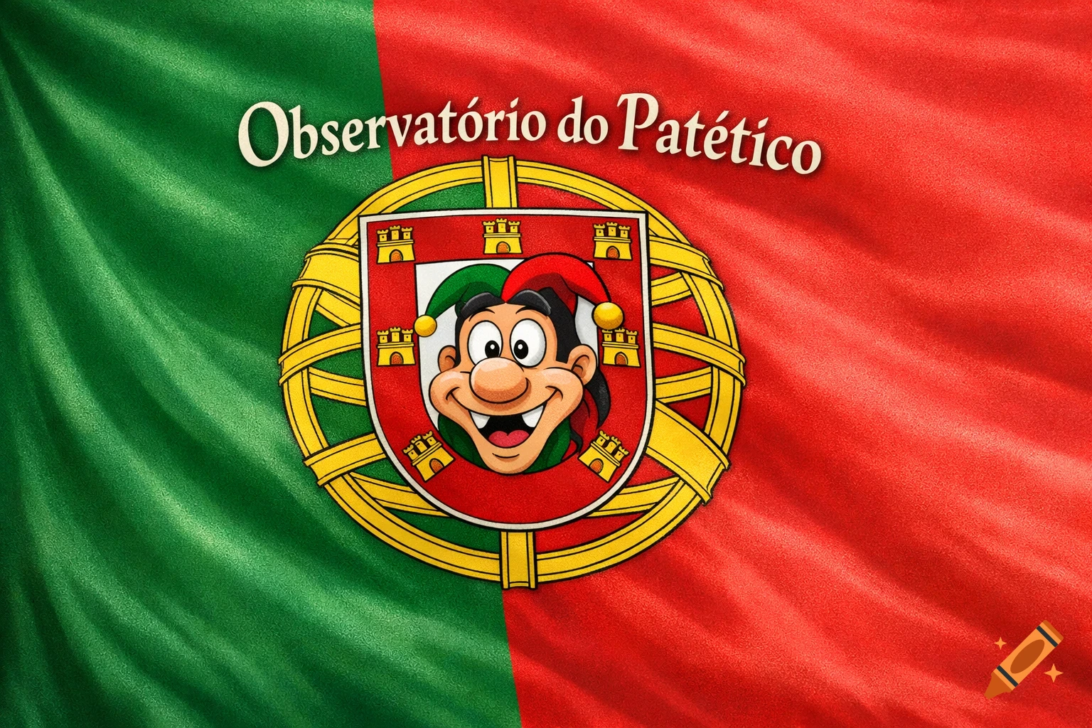 A graphic illustration of a Portuguese flag with "Observatório do Patético" text and a cartoon jester emblem.