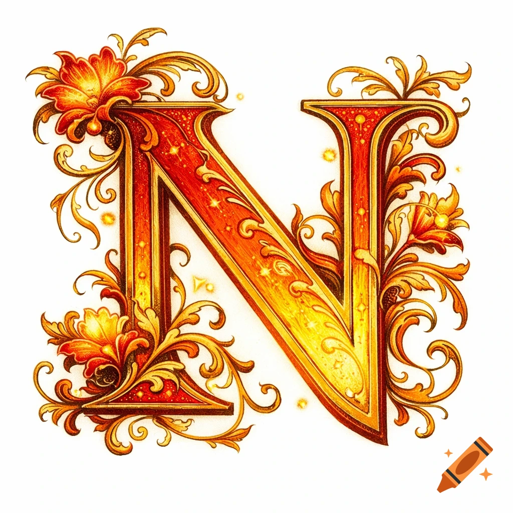 Elaborate illuminated capital letter N with red, orange, and yellow gradient colors, featuring elegant floral and arabesque motifs.