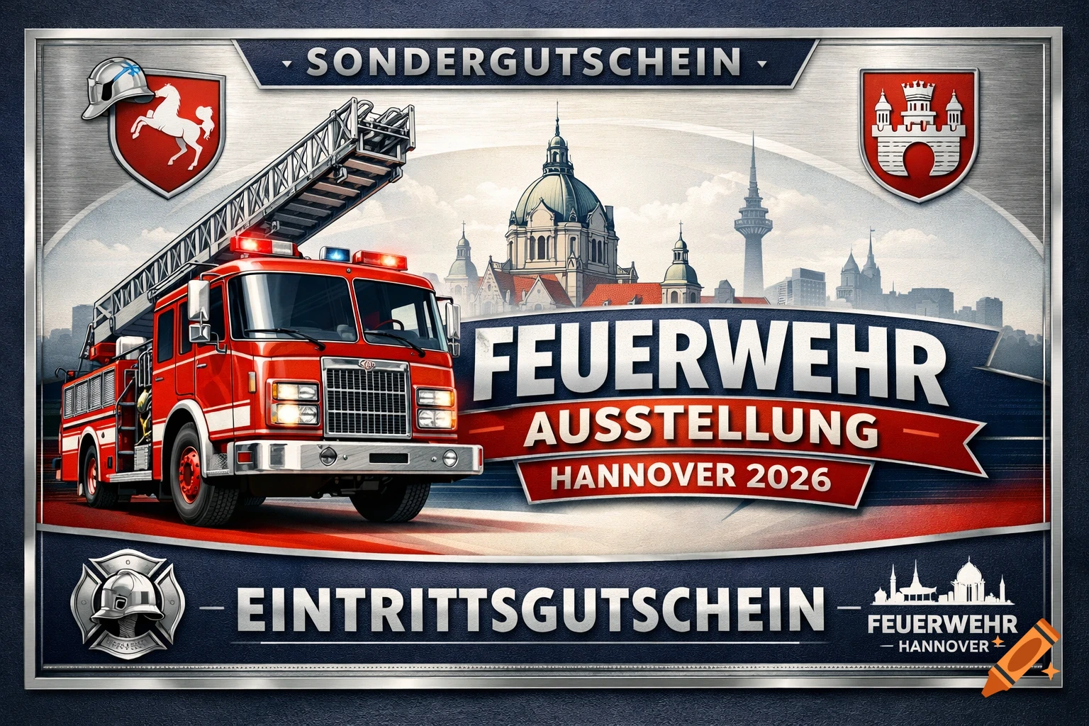 Promotional image for Feuerwehr Ausstellung Hannover 2026, featuring a red fire truck, city skyline, and text 'Sondergutschein' and 'Eintrittsgutschein'.