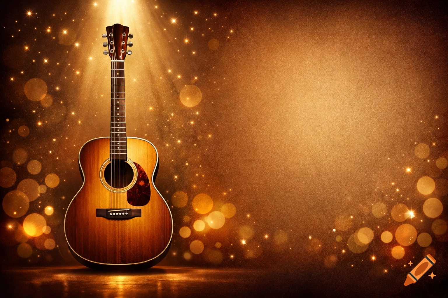 A classical acoustic guitar stands under a spotlight on a reflective surface against a sparkling golden-brown background with bokeh lights.