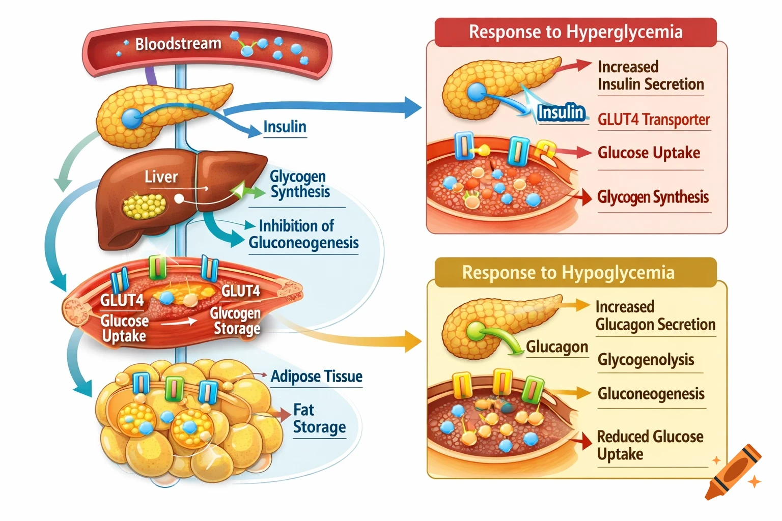 A detailed biological diagram illustrating blood sugar regulation involving the pancreas, liver, muscle, and adipose tissue under conditions of hyperglycemia and hypoglycemia.