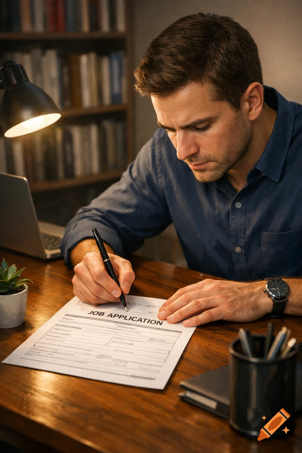 A man diligently fills out a job application form at a wooden desk under a lamp, with bookshelves in the background.