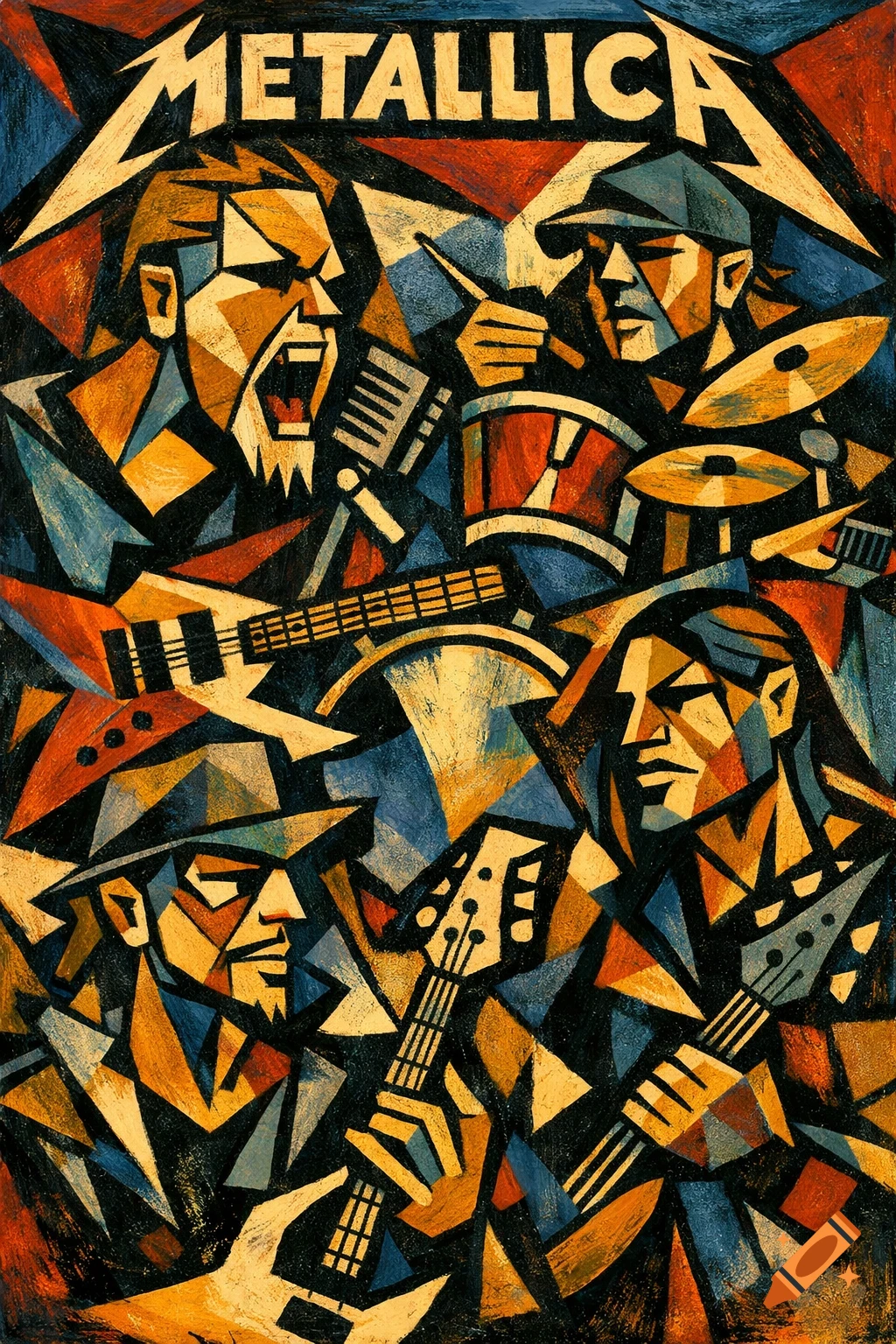 Cubist art poster of the heavy metal band Metallica, featuring abstract, angular musicians with guitars and drums in blue, okra, black, and red.