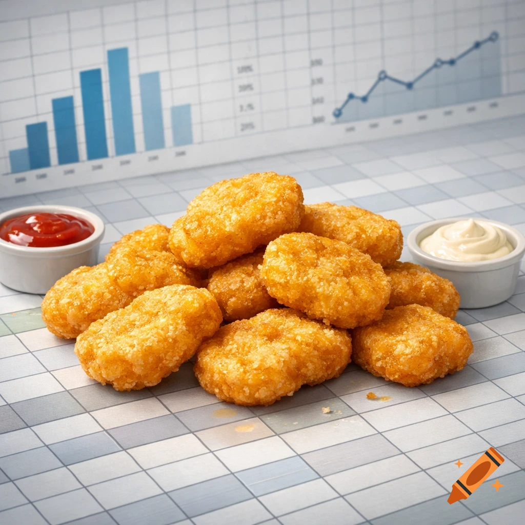 A pile of golden chicken nuggets with ketchup and mayo on a chart-patterned table.