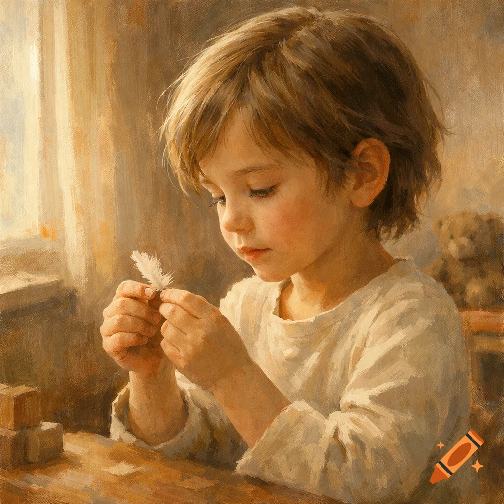 Painterly portrait of a young child with light brown hair, looking intently at a white feather held in their hands, against a warm, soft-focus background.