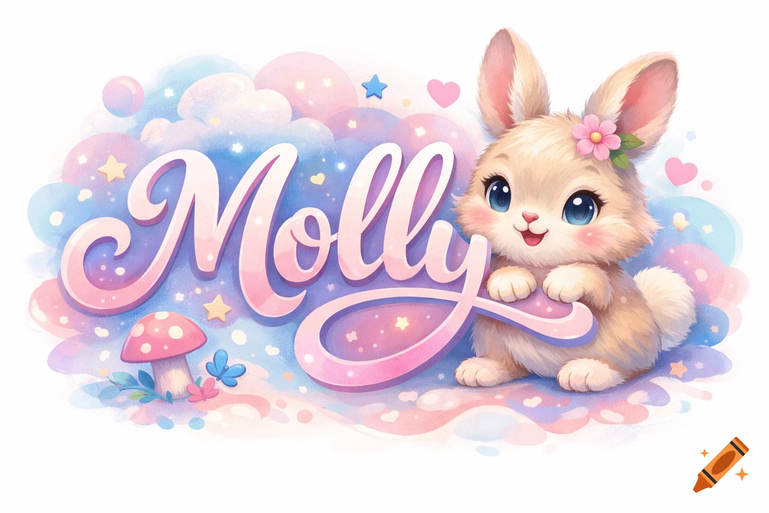 A cute whimsical bunny illustration with a flower, sitting beside the pastel pink name 'Molly' on a background of clouds and stars.