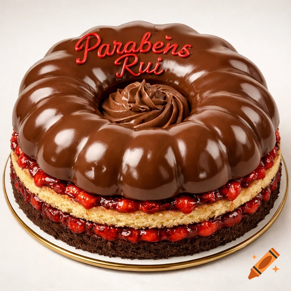 Photorealistic chocolate and strawberry cake with 'Parabéns Rui' written in red on the glossy chocolate top.