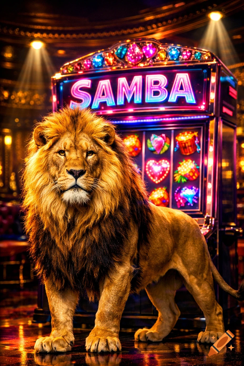 A majestic lion stands in an impressive pose in front of a brightly lit slot machine displaying the word "SAMBA" in a vibrant, golden-lit casino.