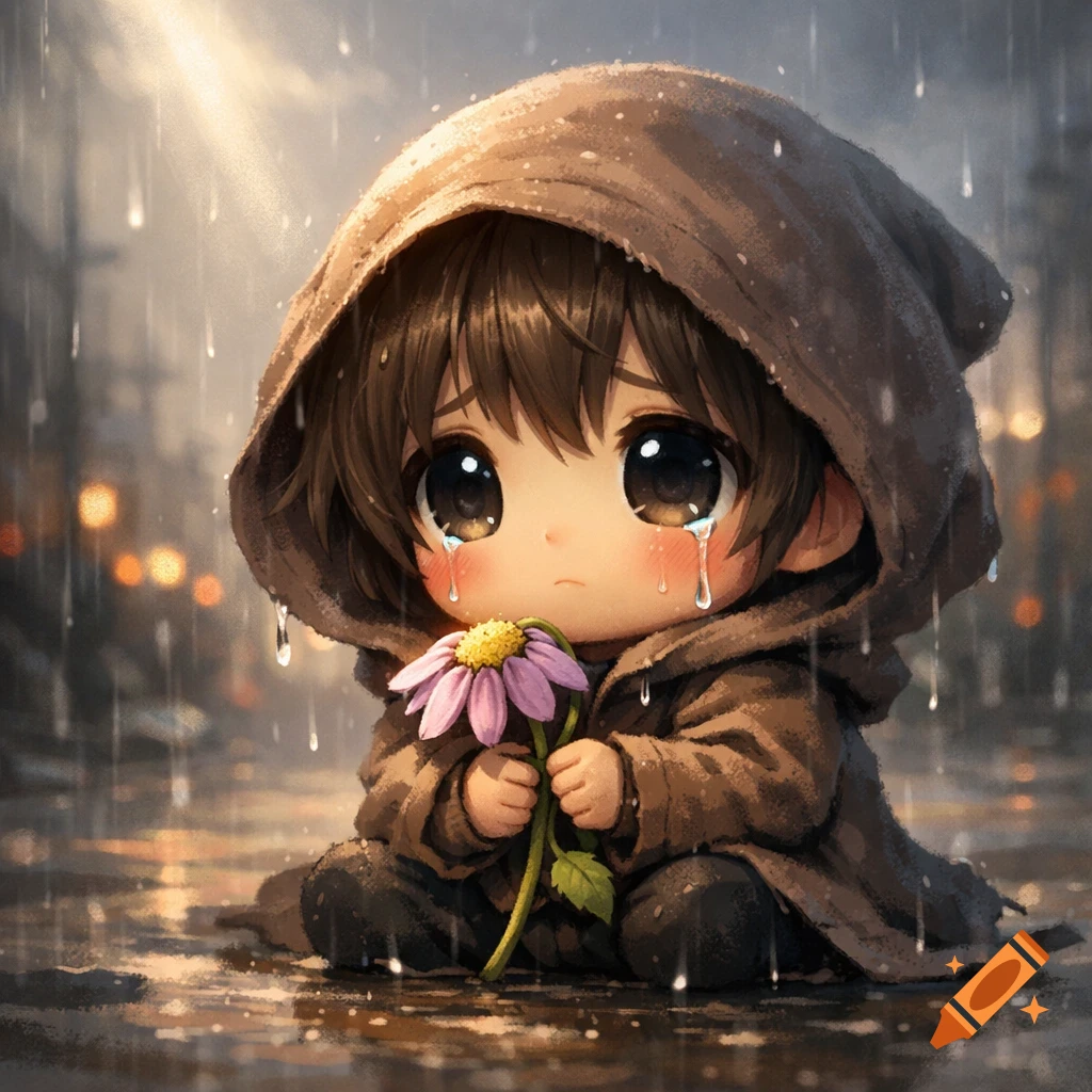 A crying chibi child in a brown hooded coat sits in the rain, holding a purple and yellow flower.