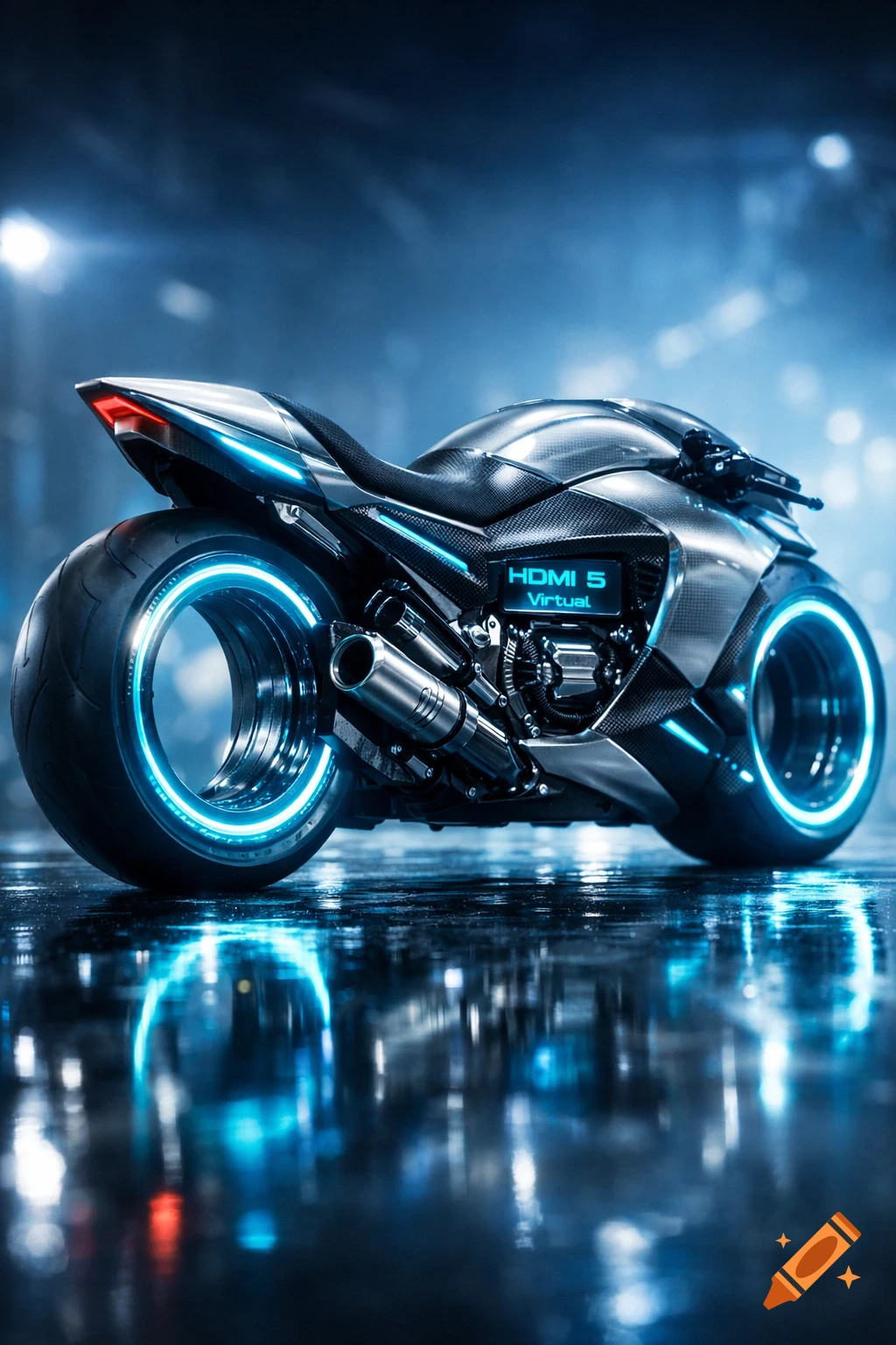 Photorealistic futuristic electric motorcycle with glowing blue lights on a wet, reflective surface.
