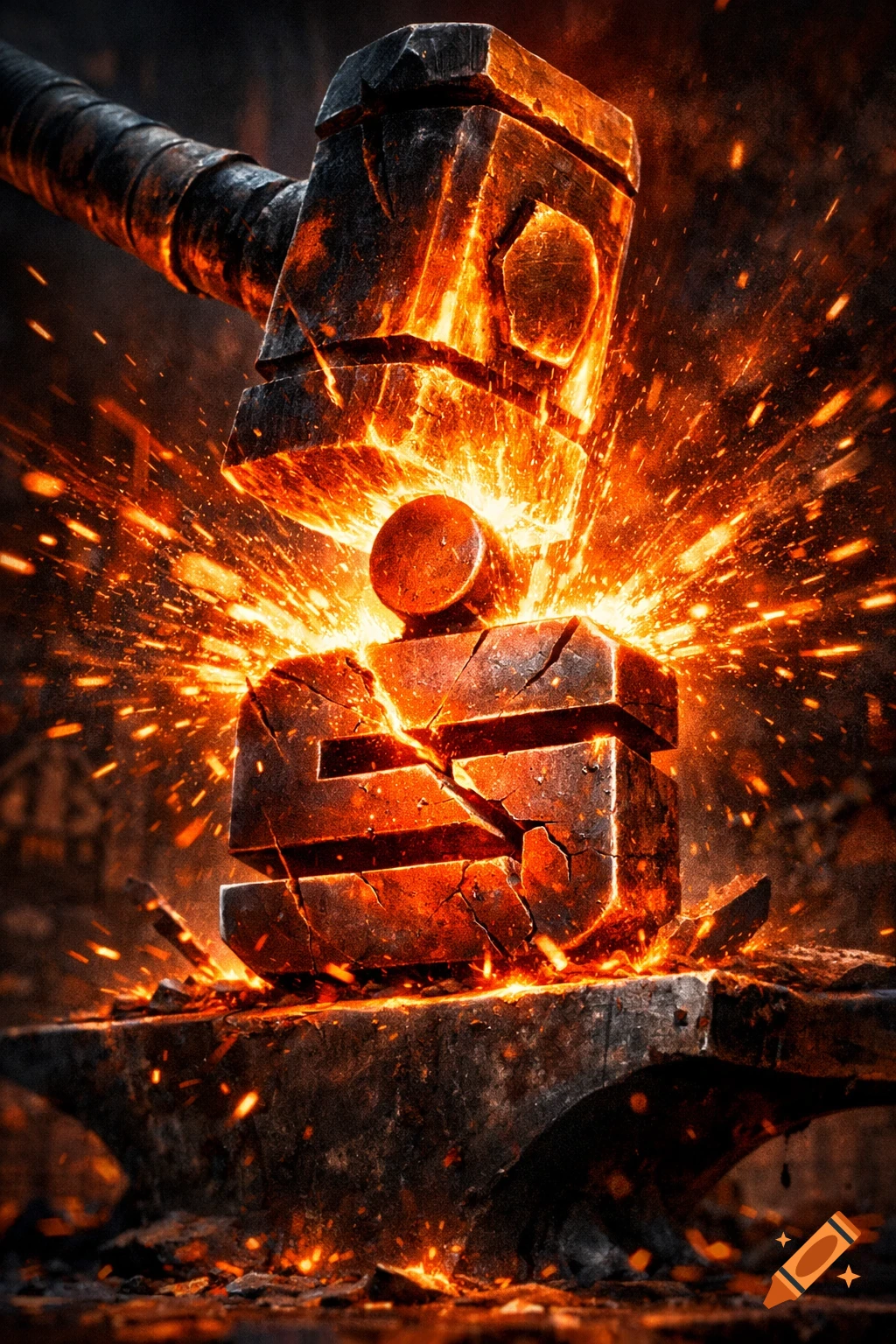 A glowing, heavy hammer strikes a cracking metal block on an anvil, creating a shower of bright orange sparks.