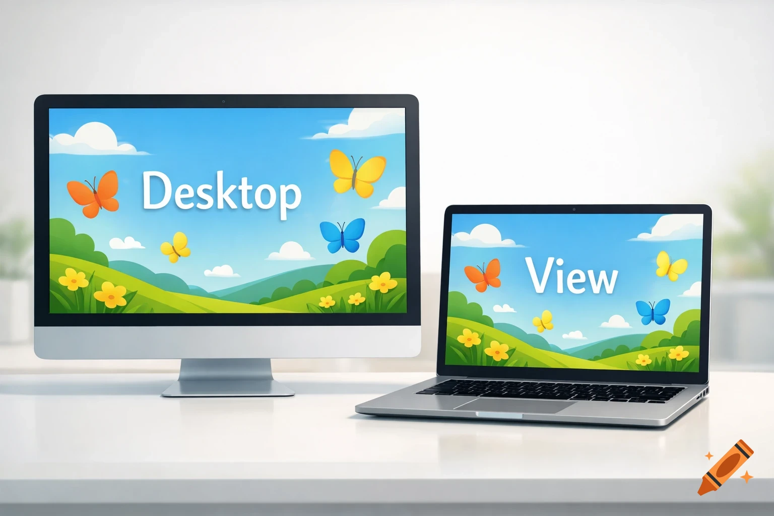 A desktop monitor and laptop on a white desk. The monitor shows "Desktop" and the laptop shows "View" on screens with cartoon landscapes, green hills, blue sky, yellow flowers, and colorful butterflies.