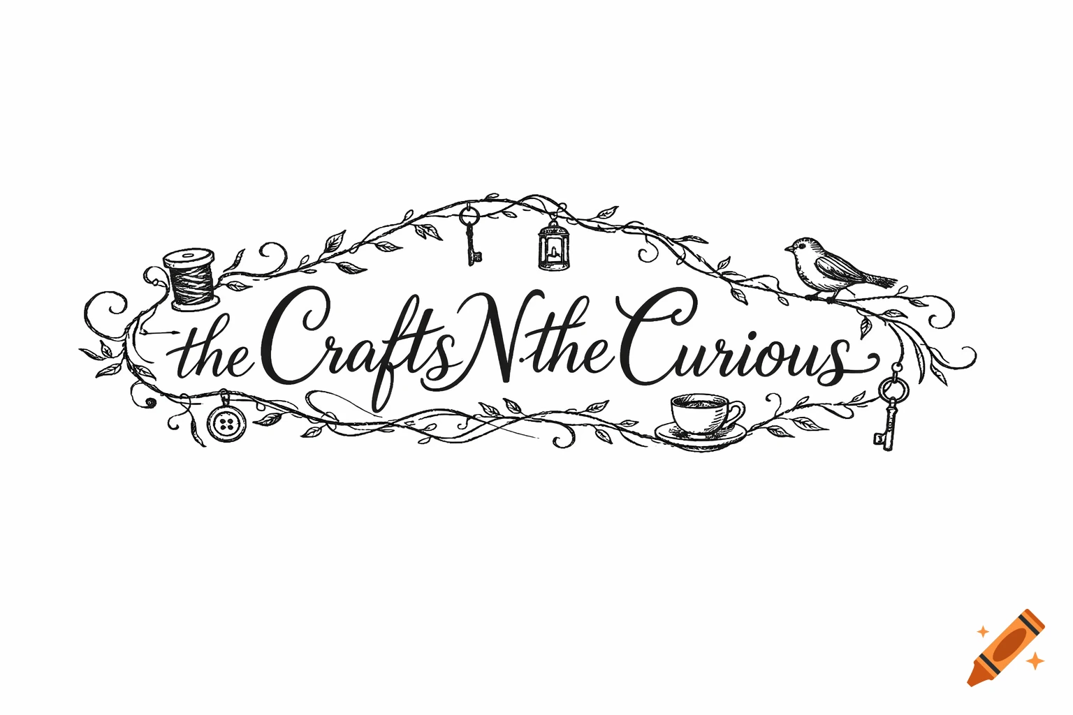 A whimsical, black and white hand-drawn logo for "the Crafts N the Curious," featuring flowing cursive text framed by leafy vines and small elements like a spool of thread, button, keys, lantern, teacup, and a bird.