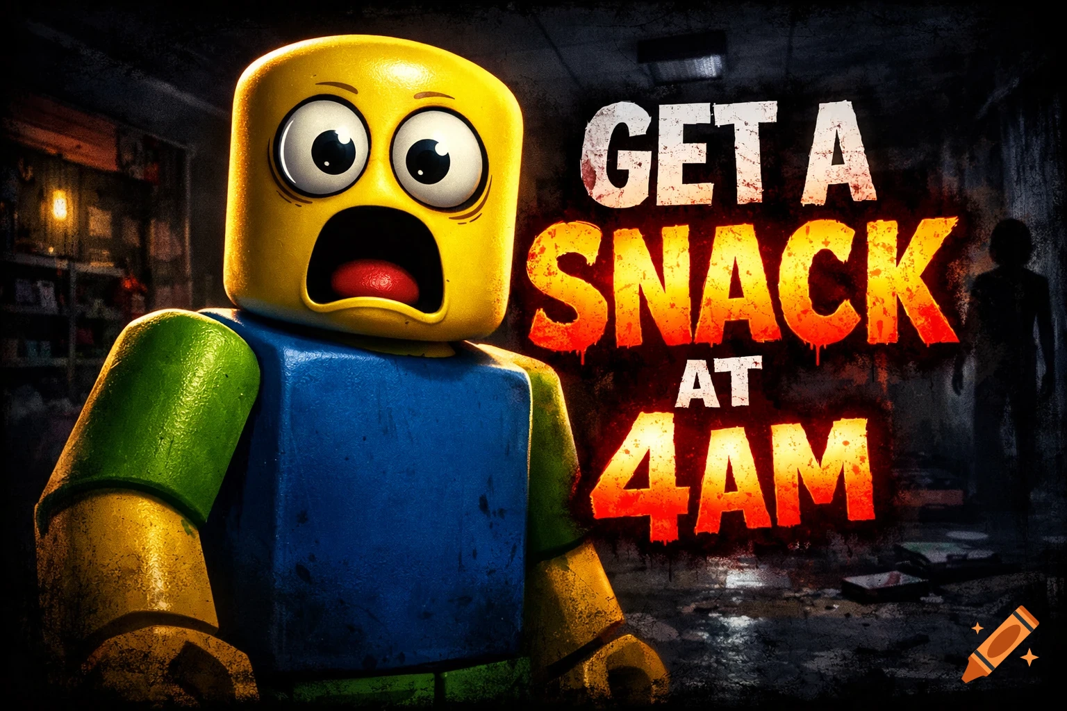 A shocked Roblox noob avatar in a dark, creepy room with text 'GET A SNACK AT 4AM' in a bold, grunge style.