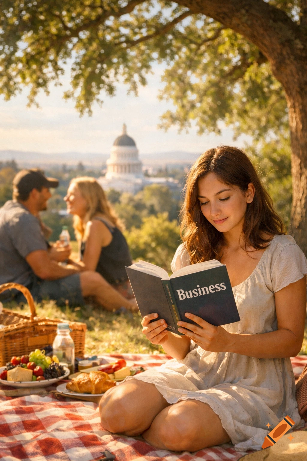 A young woman reads a book titled 'Business' on a picnic blanket with a cityscape and Capitol building in the background.