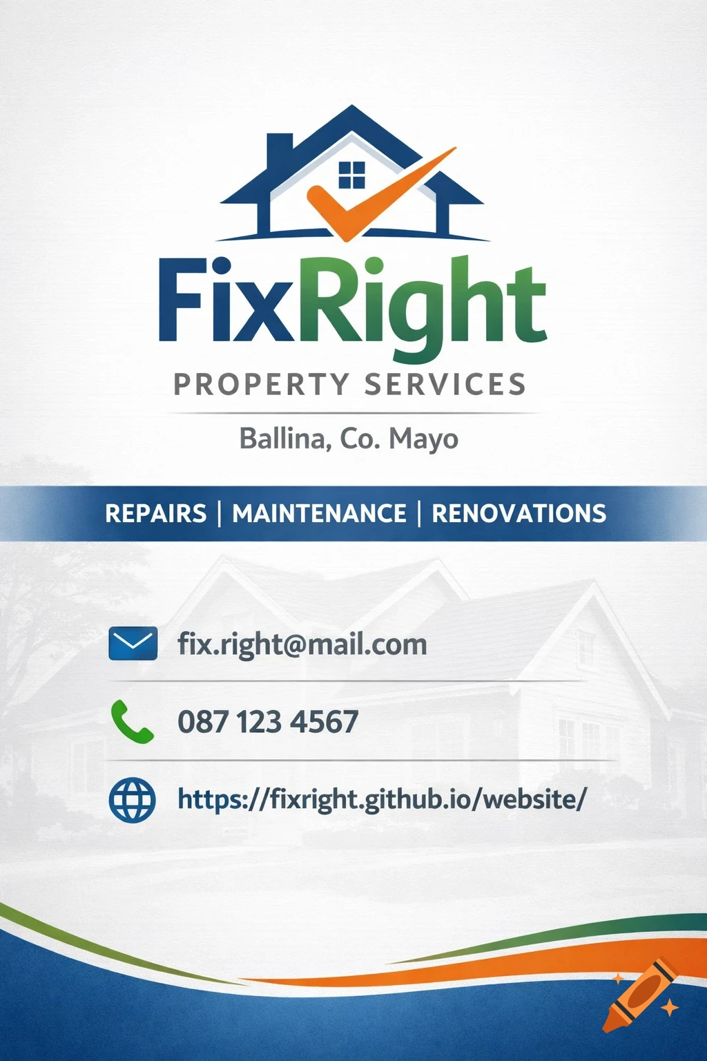 A professional vertical business flyer for FixRight Property Services, featuring a house logo with a checkmark. It lists services like repairs, maintenance, and renovations, along with an email, phone number, and website.