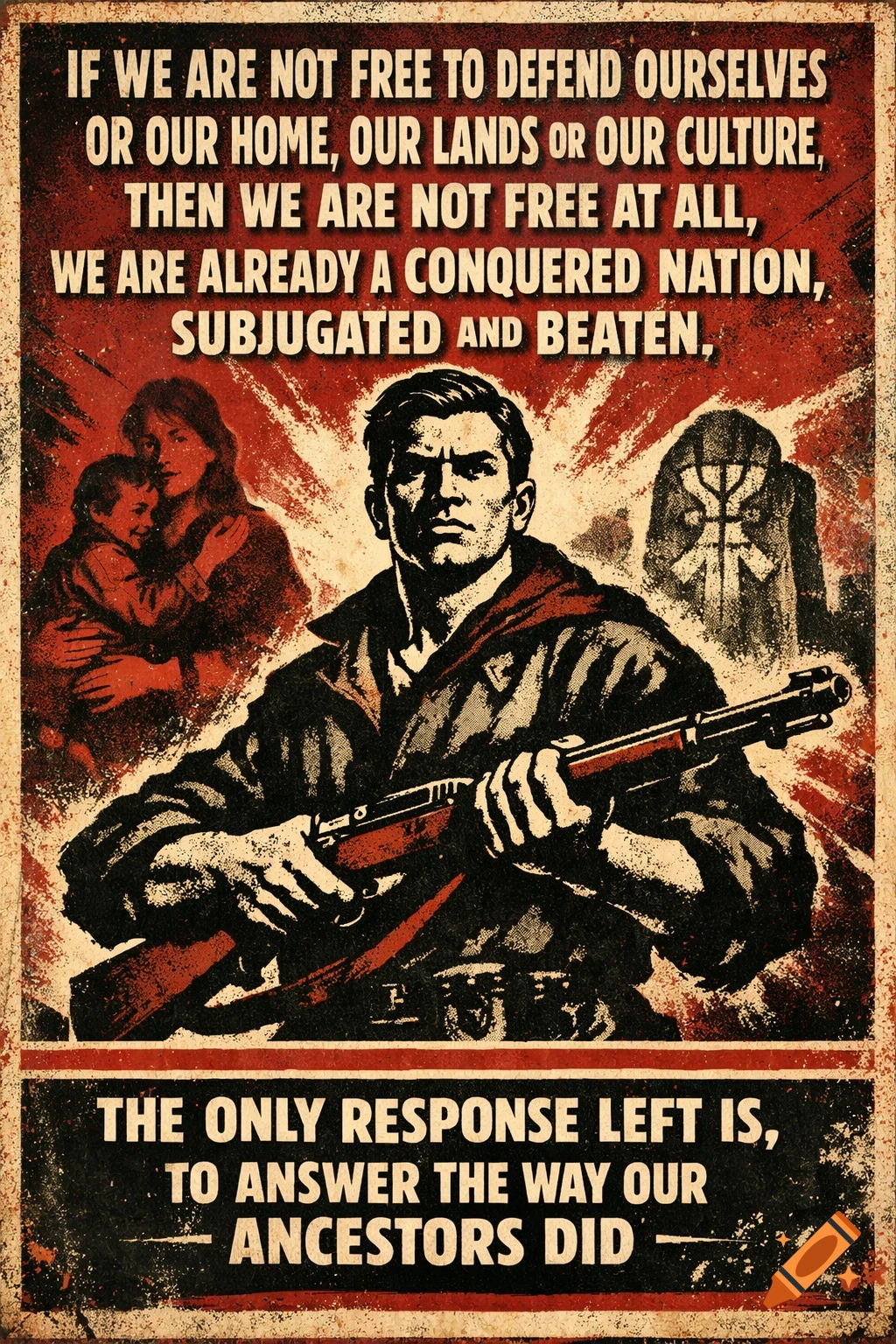 A gritty, distressed WWII-style propaganda poster shows a resolute man with a rifle, a woman hugging a child, and a gravestone-like symbol. Text emphasizes self-defense.
