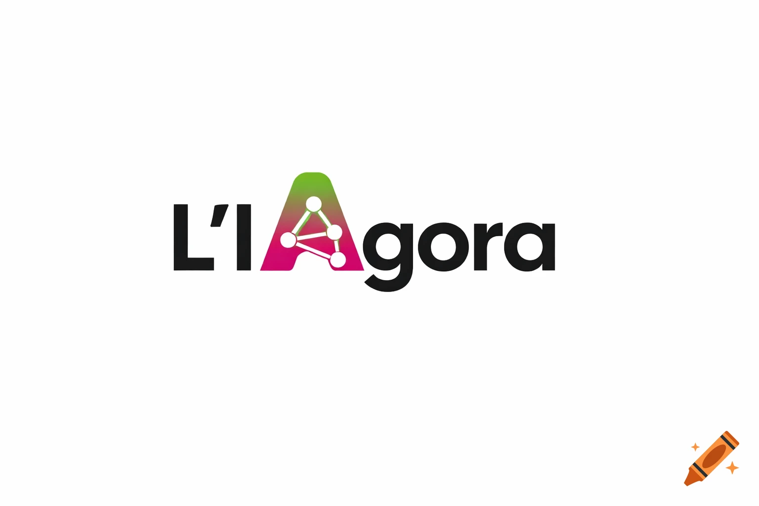 Logo for L'IAgora with black text and a gradient pink-green 'A' featuring a network of dots.